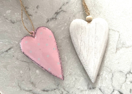 White Wooden Heart and Pink Metal Heart Pair